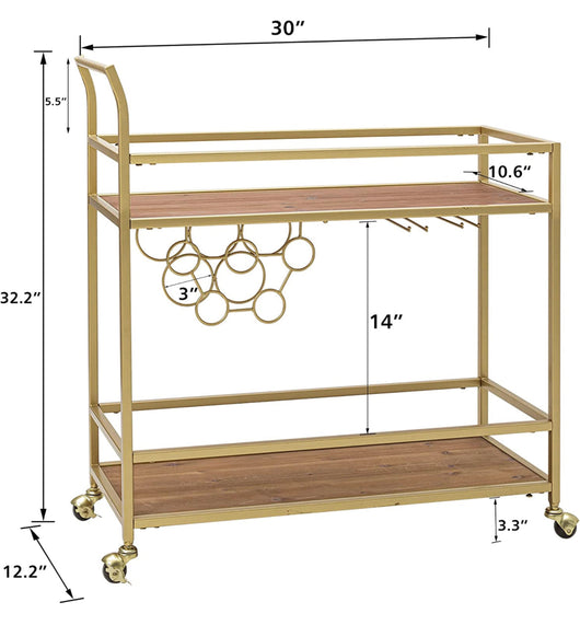 Flora Store Bar Cart Gold, Home Bar Serving Cart with Wine Rack and Glass Holder- NEW AND ASSEMBLED!!!