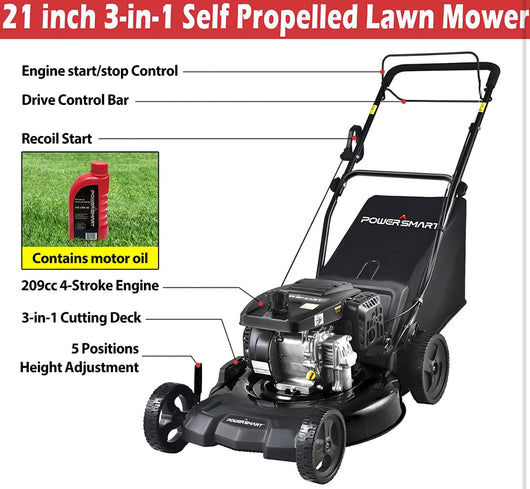 PowerSmart Self Propelled Gas Lawn Mower, 21-Inch 209cc 3-in-1 Walk-Behind Lawn Mowers, Black with Oil!  -Brand new and assembled