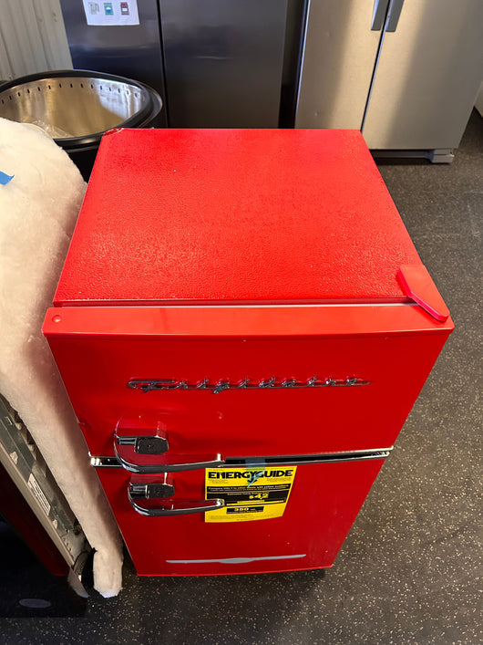 Frigidaire EFR840-RED 3.1 Cu Ft Red 2 Door Retro Bar Fridge with Side Bottle Opener**New,minor dents from shipping**