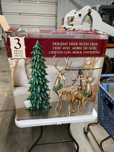 2 skillfully sculpted gold deer and a festive green tree that have been hand-painted - new in box