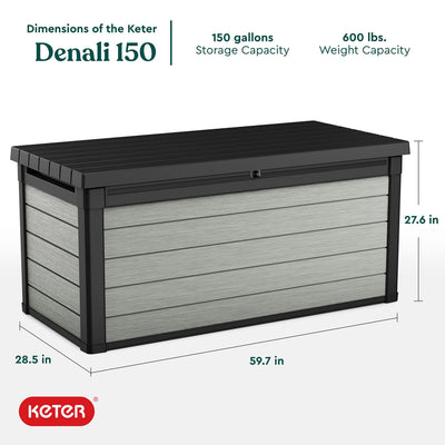 Keter Denali 150 Gallon Resin Large Deck Box-Organization and Storage for Patio Furniture, Outdoor Cushions, Garden Tools , Pool Toys, Grey & Black**New in box**