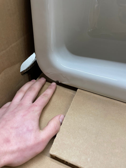 KOHLER 5826-0 Whitehaven Farmhouse Self-Trimming Undermount Single-Bowl Sink with Short Apron, 33 Inch, White**New in box,chipped from shipping**