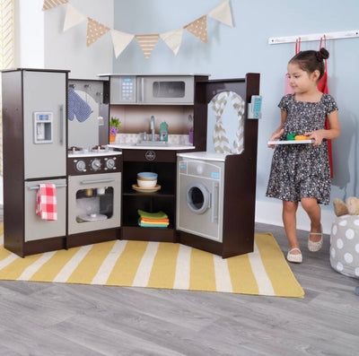 REDUCED!!! KidKraft Ultimate Corner Play Kitchen with Lights & Sounds - Espresso- NEW IN BOX!!!