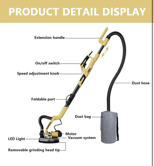 YATTICH Drywall Sander, Electric Motor Sander, 7 Variable Speed, 1000-1850RPM With LED Light, Extendable Handle, 12 Sanding Discs, with Automatic Dust Removal System and Carrying Bag, YT-917!  -Brand new in the box