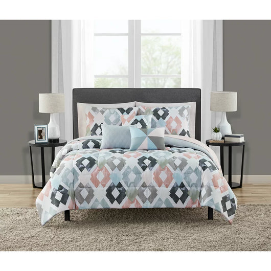 Mainstays Pink and Teal Diamond 8 Piece Bed in a Bag Comforter Set With Sheets, Twin/Twin XL**New**