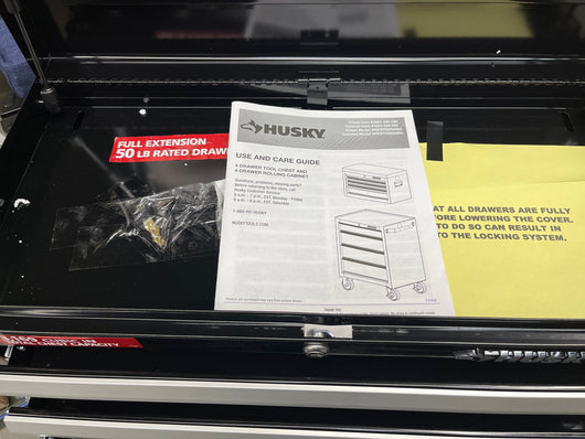 Husky 26” 8 drawer tool chest and cabinet - new but had a difficult journey to the Big Catch store-  includes keys for upper and lower sections