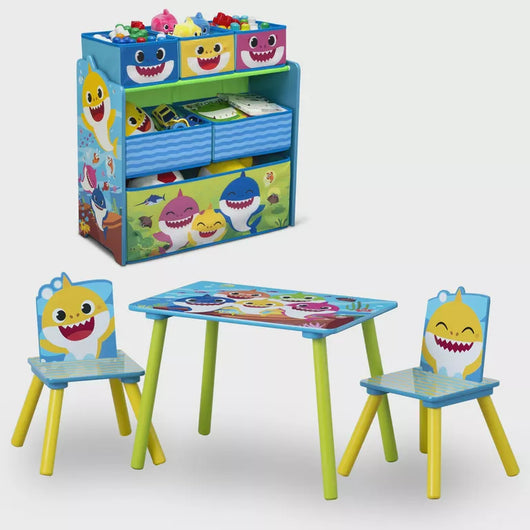 Baby Shark 4-Piece Playroom Solution by Delta Children – Set Includes Table and 2 Chairs and 6-Bin Toy Organizer**New in box**