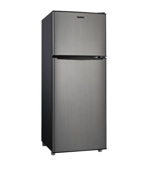 Galanz 4.6. Cu ft Two Door Mini Fridge with Freezer, Stainless Steel Look!! NEW OUT OF BOX, MINOR DENTS FROM SHIPPING(PHOTOS SHOWN)!!