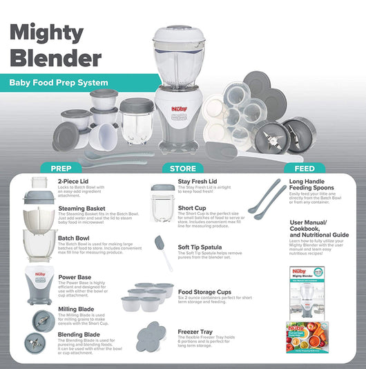Nuby Mighty Blender with Cook Book, 22-Piece Baby Food Maker Set, Cool Gray- NEW IN BOX!!!