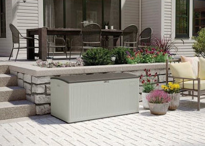 Suncast 160 Gal XL Reeded Deck Box, Gray!! NEW AND ASSEMBLED!!