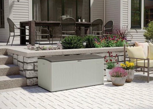 Suncast 160 Gal XL Reeded Deck Box, Gray!! NEW AND ASSEMBLED!!