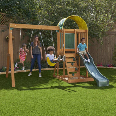KidKraft Ainsley Wooden Outdoor Swing Set with Slide, Chalk Wall, Canopy and Rock Wall**New in Box**