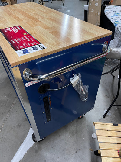 Husky 52 in. W x 24.5 in. D Standard Duty 10-Drawer Mobile Workbench Tool Chest with Solid Wood Work Top in Gloss Blue- brand new - has shipping dent at rear corner
