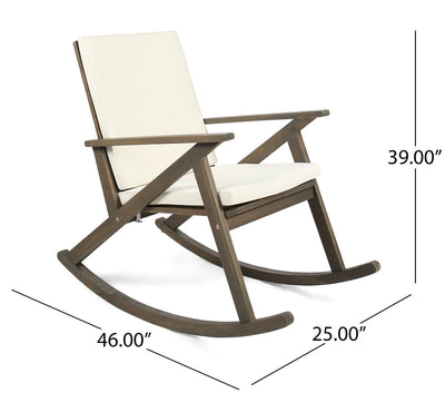 Noble House Gregory Outdoor Acacia Wood Rocking Chair with Cream Cushions, Grey Wood!! NEW AND ASSEMBLED!!