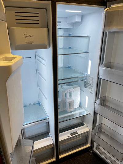 Midea  26.3-cu ft Side-by-Side Refrigerator with Ice Maker (Stainless Steel)- brand new / scratch and dent / has small dent low on freezer door - see pics please