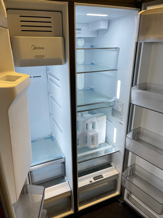 Midea  26.3-cu ft Side-by-Side Refrigerator with Ice Maker (Stainless Steel)- brand new / scratch and dent / has small dent low on freezer door - see pics please