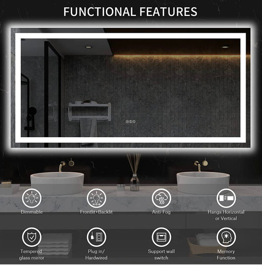 LOAAO 60 x 36 inch LED bathroom mirror with lights, anti-fog, adjustable, backlit + front lighting, wall-lit bathroom vanity mirror, memory function, tempered glass, ETL certification!  -Brand new in the box