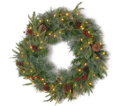 National Tree Company 24" Pre-Lit Artificial Christmas Wreath, Colonial Fir, White Lights, with Pine Cones, Berry Clusters- NEW IN BOX!!!!