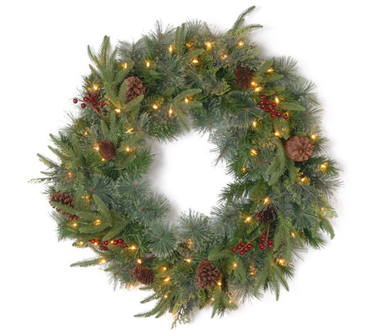 National Tree Company 24" Pre-Lit Artificial Christmas Wreath, Colonial Fir, White Lights, with Pine Cones, Berry Clusters- NEW IN BOX!!!!
