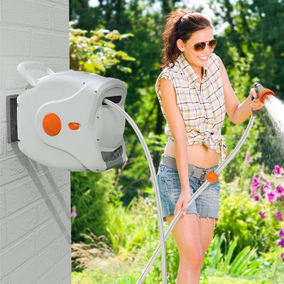 TACKLIFE Retractable Garden Hose Reel, 100+6.7 FT 1/2" Automatic Rewind Wall Mounted Hose Reel with 8 Patterns Hose Nozzles, 180° Garden Watering & Car Washing**New in Box**