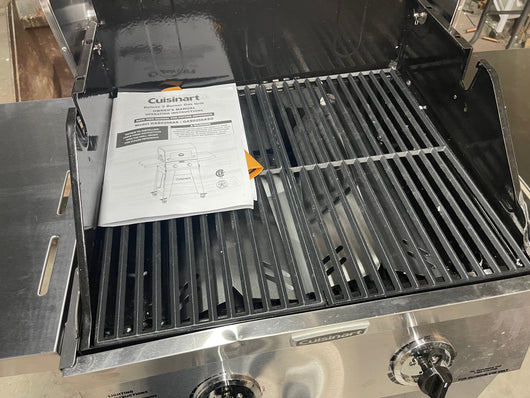 The Big Catch proudly presents -   FRANKENGRILL !  it’s a brand new Cuisinart 2 burner stainless steel grill with pathetic little universal burner knobs that we installed since the original ones were missing