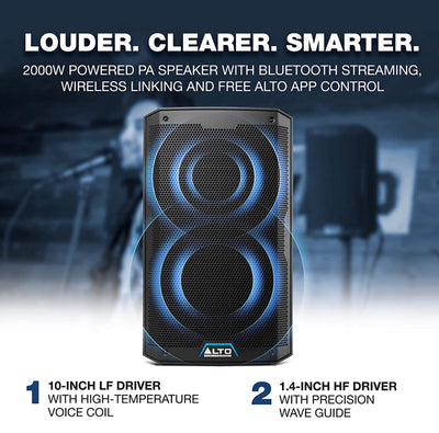 Alto Professional TS410 - 2000W 10" Powered PA Speaker with 3 Channel Mixer, Bluetooth Streaming, Wireless Loudspeaker linking, DSP and Alto App!! NEW IN BOX!!