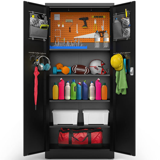 METALTIGER Metal Storage Cabinet - Multifunctional Garage Storage Closet with Doors, Adjustable Shelf Height and Leg Levelers, Includes Pegboard and Accessories, 900 lbs Full Capacity (Black)**New in box**
