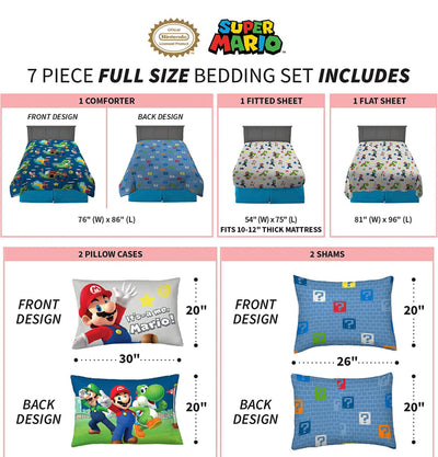Franco Kids Bedding Super Soft Comforter and Sheet Set with Sham, 7 Piece Full Size, Mario- NEW IN BAG!!!