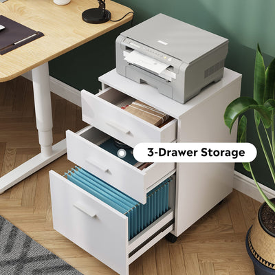 DEVAISE 3 Drawer Wood Mobile File Cabinet, Rolling Filing Cabinet for Letter/A4 Size, White**New in box**