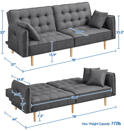 Yaheetech Futon Sofa Bed with USB Ports,Fabric Tufted Split-Back Daybed, Dark Gray!! NEW AND ASSEMBLED!!