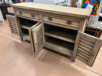 Sunset Trading Cottage Shutter Door Credenza Solid Wood Sideboard | Fully Assembled Cabinet Buffet Server, 58" Wide, Distressed Driftwood Brown!