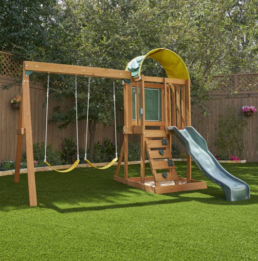 KidKraft Ainsley Wooden Outdoor Swing Set with Slide, Chalk Wall, Canopy and Rock Wall**New in Box**