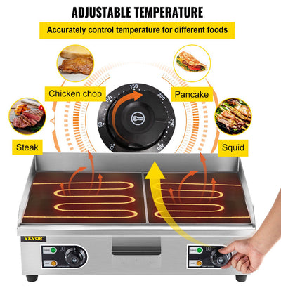 VEVOR Electric Countertop Commercial Flat Top Griddle, 26” Teppanyaki Grill, 3200 Watt, 120F-570F Temp Range, NO PLUG!! NEW OUT OF BOX, MINOR DENTS FROM SHIPPING(PHOTOS SHOWN)!!