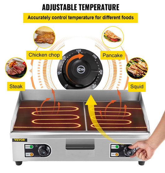 VEVOR Electric Countertop Commercial Flat Top Griddle, 26” Teppanyaki Grill, 3200 Watt, 120F-570F Temp Range, NO PLUG!! NEW OUT OF BOX, MINOR DENTS FROM SHIPPING(PHOTOS SHOWN)!!