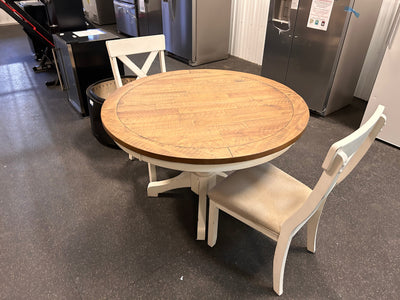 Roundhill Furniture Prato 3-Piece Round Dining Table Set with Cross Back Chairs, Antique White and Distressed Oak! (SOLID WOOD)  -Brand new & Assembled (Must Bring Pick up or Trailer for pick up)