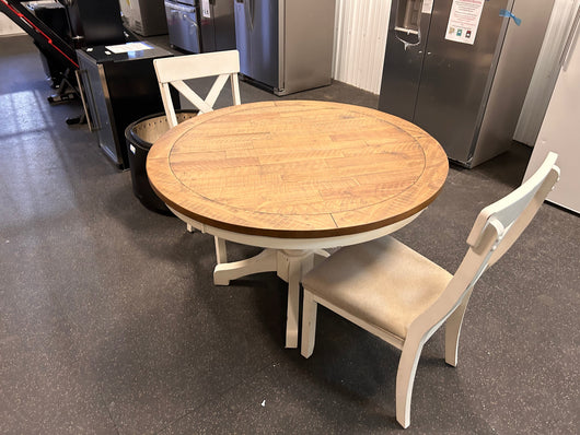 Roundhill Furniture Prato 3-Piece Round Dining Table Set with Cross Back Chairs, Antique White and Distressed Oak! (SOLID WOOD)  -Brand new & Assembled (Must Bring Pick up or Trailer for pick up)