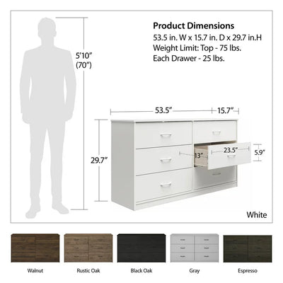 Mainstays Classic 6 Drawer Dresser, White! (New In The Box)