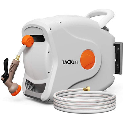 TACKLIFE Retractable Garden Hose Reel, 100+6.7 FT 1/2" Automatic Rewind Wall Mounted Hose Reel with 8 Patterns Hose Nozzles, 180° Garden Watering & Car Washing**New in Box**