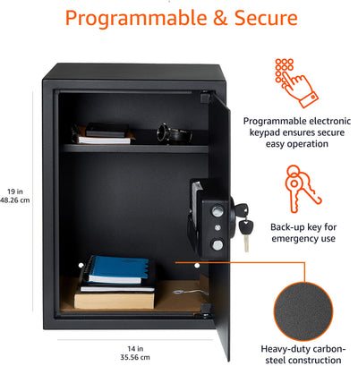 Amazon Basics Steel Home Security Safe with Programmable Keypad - Secure Documents, Jewelry, Valuables - 1.8 Cubic Feet, 13.8 x 13 x 19.7 Inches, Black**New**
