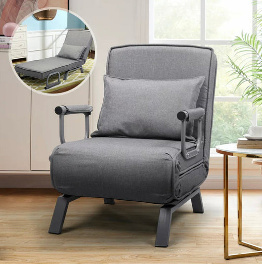 Jaxpety Sofa Bed Fabric Folding Chaise Lounge Convertible Single Sleeper Sofa Chair with Armrest and Pillow,Gray- NEW AND ASSEMBLED!!!