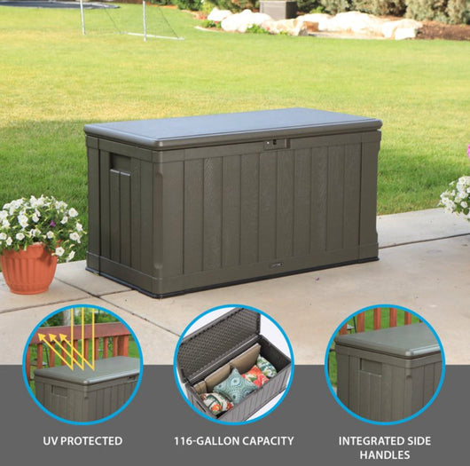 Lifetime Waterproof 116 Gallon Resin Deck Box, Dark Brown- NEW AND ASSEMBLED!!!
