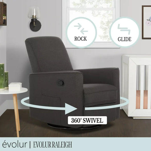 Evolur Raleigh Glider Recliner Charcoal with High Backrest Support, Durable Polyester Fabric**New and assembled**