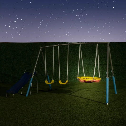 Sportspower Comet Metal Swing Set with LED Light Up Saucer Swing, 2 Swings & 5ft Slide**New in Box**