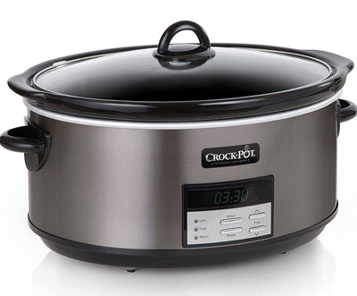 Crockpot 8 Quart Slow Cooker with Auto Warm Setting and Cookbook, Black Stainless Steel**new in box**