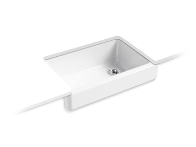 KOHLER 5826-0 Whitehaven Farmhouse Self-Trimming Undermount Single-Bowl Sink with Short Apron, 33 Inch, White**New in box,chipped from shipping**