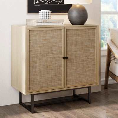 Nathan James Kova Accent Natural Storage Cabinet Sideboard Wood and Rattan with Matte Metal Frame, Adjustable Interior Shelves and Cane Doors, for Hallway, Entryway or Living Room, Light Oak/Black**New in box**