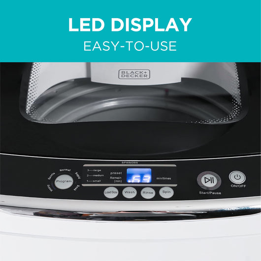 BLACK+DECKER Small Portable Washer, Washing Machine for Household Use, Portable Washer 0.9 Cu. Ft. with 5 Cycles, Transparent Lid & LED Display**Used once,minor dents from shipping**