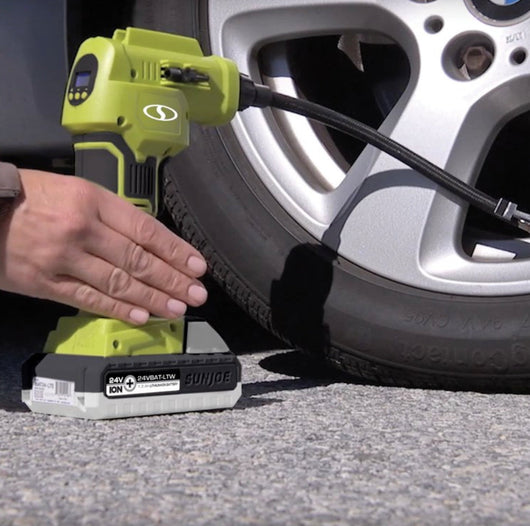 Sun Joe 24V-AJC-MAX Cordless Portable Air Compressor Kit , W/ 1.3-Ah Battery, Nozzle Accessories, and Storage Bag- NEW IN BAG!!!