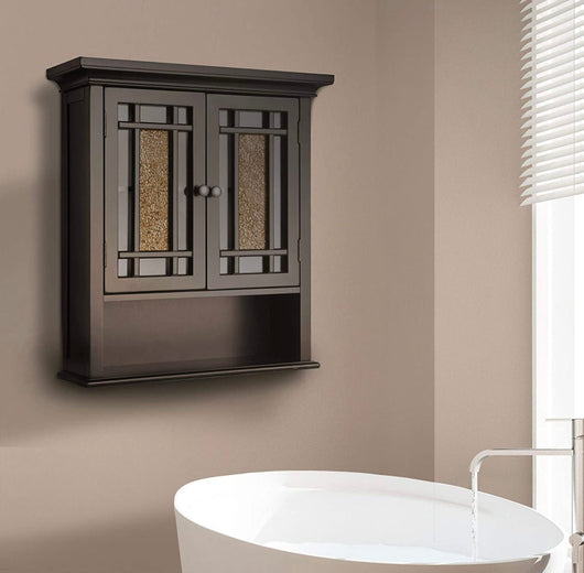 Elegant Home Fashions Windsor Removable Wooden Wall Cabinet with Glass Mosaic Doors, Dark Espresso- NEW IN BOX!!!!