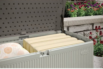 Suncast 160 Gal XL Reeded Deck Box, Gray!! NEW AND ASSEMBLED!!